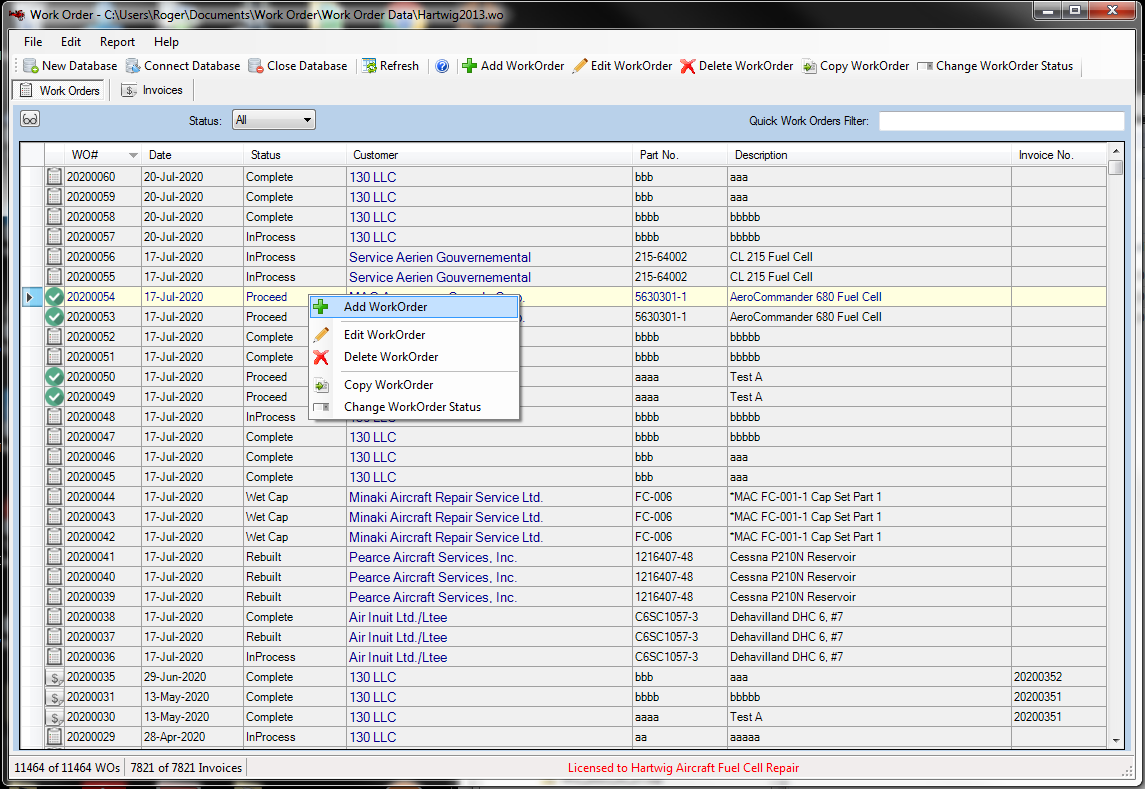 Work Order Main Screen